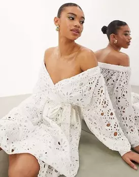 Белое платье миди с запахом и открытыми плечами ASOS EDITION –, с вышивкой-люверсами и завязывающимся поясом