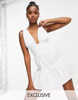 Белое платье мини из поплина с глубоким вырезом ASYOU