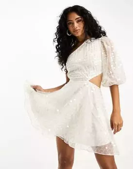 Белое платье мини на одно плечо, украшенное органзой ASOS