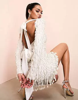 Белое платье мини с длинными рукавами и бантом на спине ASOS LUXE из искусственного жемчуга