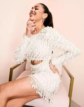Белое платье мини с длинными рукавами и бантом на спине ASOS LUXE из искусственного жемчуга