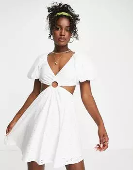 Белое платье мини с объемными рукавами и вырезами ASOS DESIGN