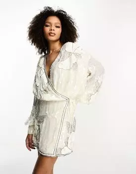 Белое платье мини с пайетками и цветочным орнаментом ASOS DESIGN