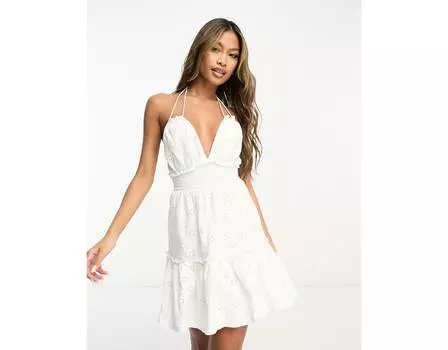 Белое платье мини с вышивкой и присборенной талией ASOS DESIGN