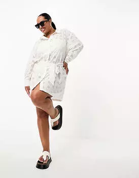 Белое платье-рубашка с завязкой на талии Threabdare Plus