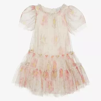 Белое платье с тюлем и цветочным принтом Monnalisa, белый