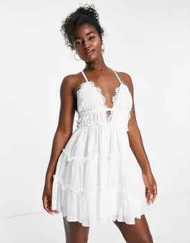 Белое ярусное мини-платье на пуговицах ASOS DESIGN с кружевной отделкой ASOS DESIGN