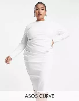 Белое структурированное мини-платье с длинными рукавами и складками ASOS DESIGN Curve