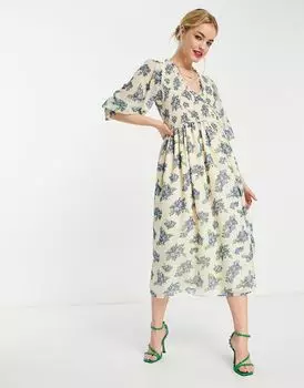Белое свободное платье миди с присборенными манжетами ASOS DESIGN с цветочным принтом на основе