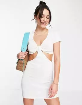 Белое трикотажное мини-платье с узлом спереди и вырезом ASOS DESIGN