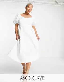 Белое жаккардовое платье миди с чашечками ASOS DESIGN Curve