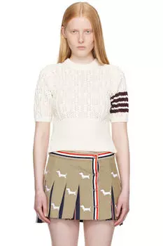 Белоснежный свитер с 4-мя полосками, выполненный в технике ажурной косичной вязки Thom Browne