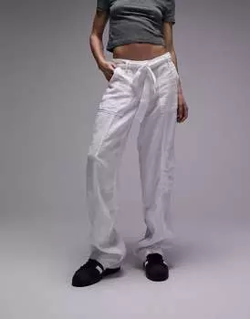 Белые льняные брюки со средней посадкой и завязками на талии Topshop