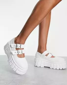 Белые влажные массивные туфли на плоской подошве mary jane ASOS DESIGN Marnie Marnie