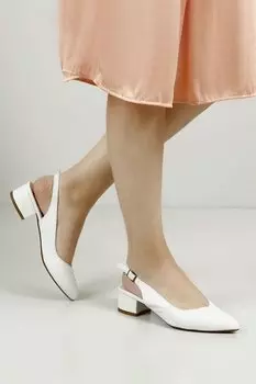 БЕЛЫЕ женские летние туфли из натуральной кожи с острым носком и коротким толстым каблуком с открытой спиной 24173 GNDER(R)