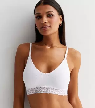 Белый бесшовный укороченный топ в рубчик с кружевной отделкой New Look, белый