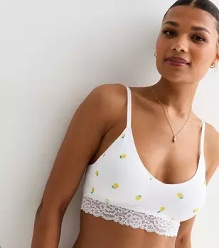 Белый бюстгальтер с мягкими чашечками и кружевной отделкой в рубчик с лимонным принтом New Look, белый