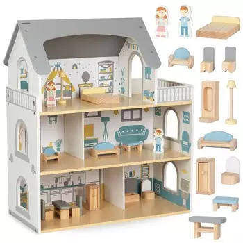 Белый деревянный кукольный домик с террасой и аксессуарами. Mamabrum