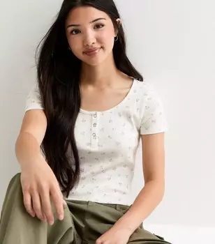 Белый хлопковый топ с цветочным принтом "Пуантелле" для девочек New Look, белый