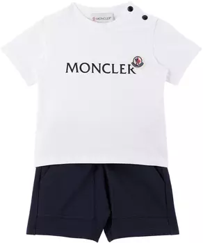 Белый и темно-синий комплект из футболки и шорт для малышей, белый Moncler Enfant