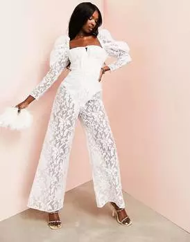 Белый комбинезон из прозрачного кружева с пышными рукавами ASOS LUXE Wedding