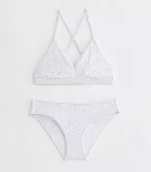 Белый комплект бикини с треугольными чашечками для девочек, связанный крючком New Look, белый