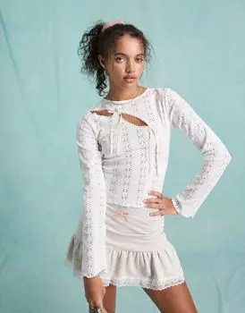 Белый кружевной топ с двойным бантом Miss Selfridge