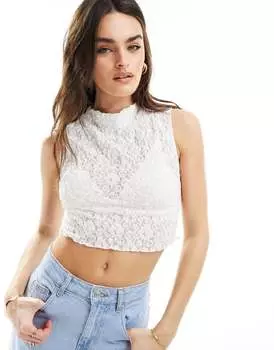 Белый кружевной топ с высоким воротником Bershka