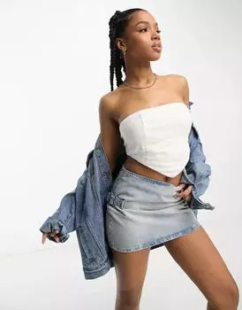 Белый льняной топ без бретелек Pull&Bear с V-образным краем