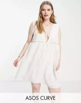 Белый мини-сарафан без рукавов с вышивкой и завязками ASOS DESIGN Curve