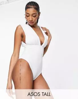 Белый присборенный купальник с глубоким вырезом ASOS DESIGN Tall