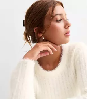 Белый пушистый приталенный джемпер в рубчик для девочек New Look, белый