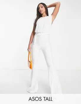 Белый расклешенный комбинезон с шифоновым верхом и поясом ASOS DESIGN Tall