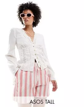 Белый топ ASOS DESIGN Tall – с кружевной вставкой и планкой на пуговицах во всю длину