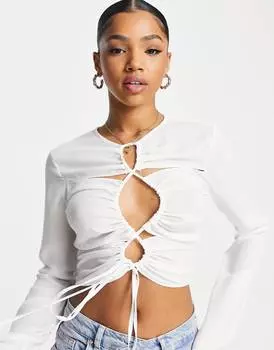 Белый топ с длинными рукавами и рюшами с каплевидным вырезом ASOS DESIGN