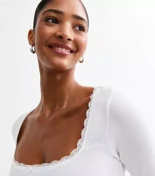 Белый топ с кружевной отделкой и квадратным вырезом New Look, белый