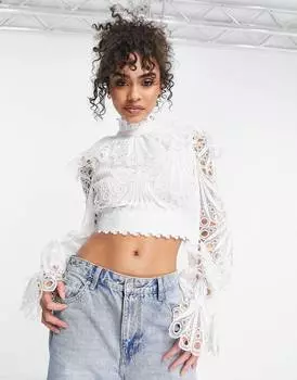 Белый топ с оборками на воротнике и вышивкой ASOS LUXE co-ord