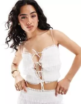 Белый топ с присборенной завязкой спереди Bershka — часть комплекта