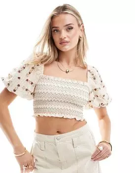 Белый топ с присборенным лифом и вышитыми рукавами-фонариками ASOS DESIGN