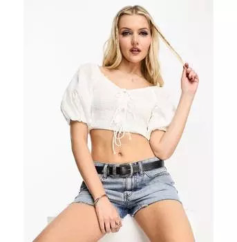 Белый топ с пышными рукавами и завязками спереди New Look