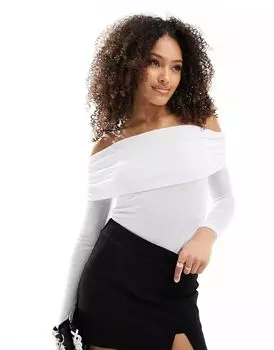 Белый топ со сборками и длинными рукавами и отложным вырезом кармен 4th & Reckless