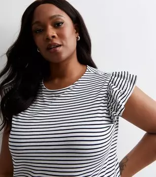 Белый топ в полоску с оборками и рукавами Curves New Look, белый