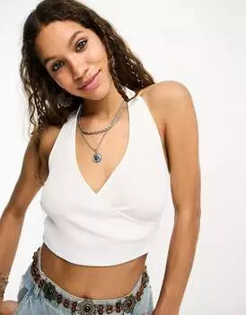 Белый топ в рубчик с бретельками Bershka