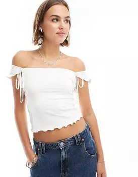Белый топ в рубчик с открытой горловиной и декоративными бантами ASOS DESIGN