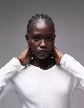 Белый узкий топ с v-образным вырезом и длинными рукавами Topshop