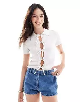Белый вязаный кардиган с воротником и завязками спереди ASOS DESIGN