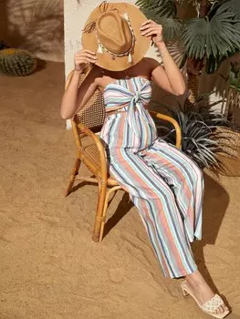 Беременная женщина Короткая рубашка без бретелек, полосатый шеррад/халат, бант спереди и брюки Shein, мультиколор