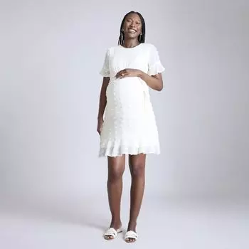 Беременное платье с короткими рукавами, поясом и ярусами Motherhood, белый