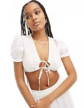 Bershka — Белый хлопковый топ со шнуровкой спереди и пышными рукавами