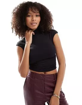 Bershka – Черный топ из полиамида с высоким воротником и рюшами по бокам